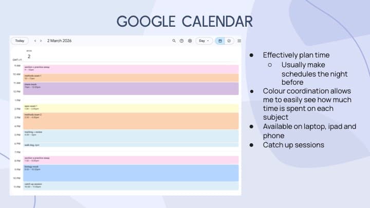 Maya 用颜色区分各科时间分配的 Google Calendar