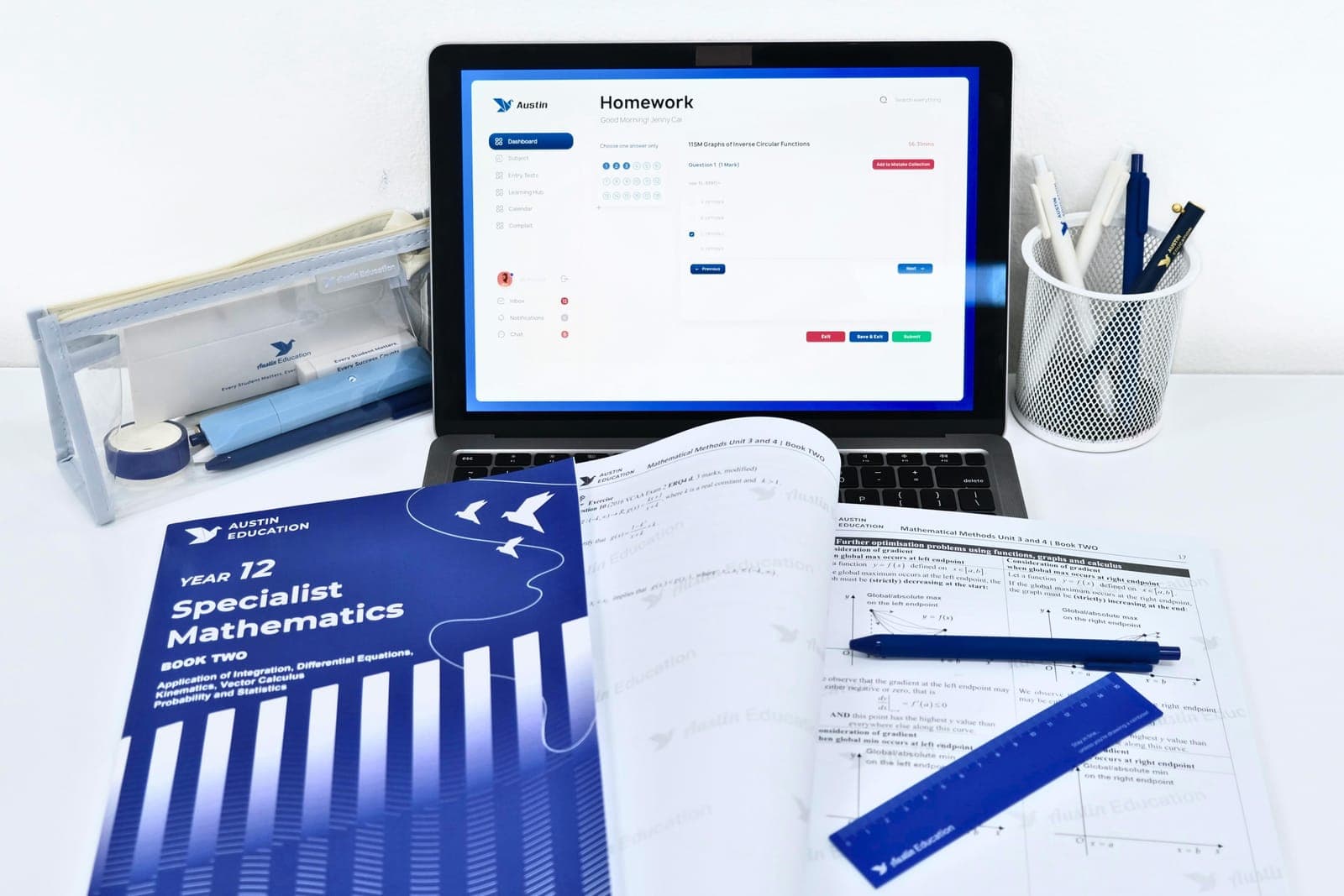 Year 12 Specialist Mathematics workbook, exam paper and Austin Education homework dashboard — VCE study setup at Austin