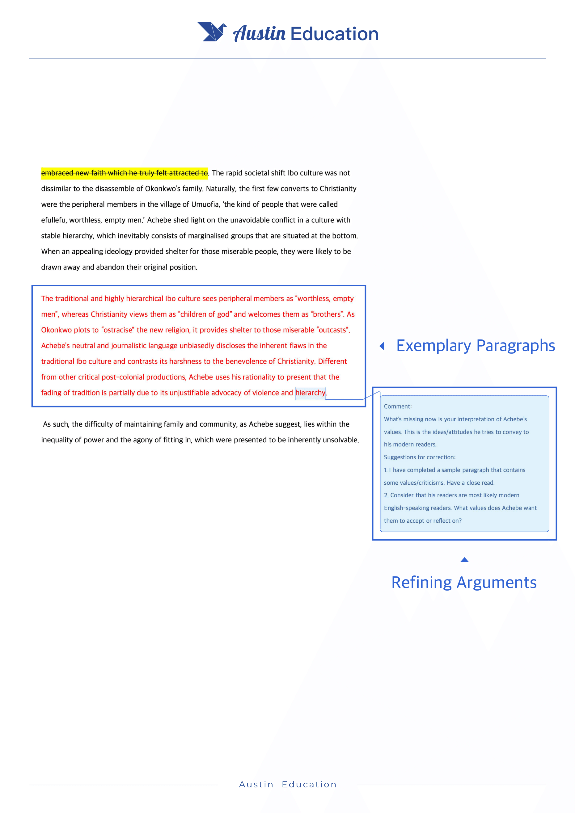 Example of annotated VCE English essay with teacher comments and improvements