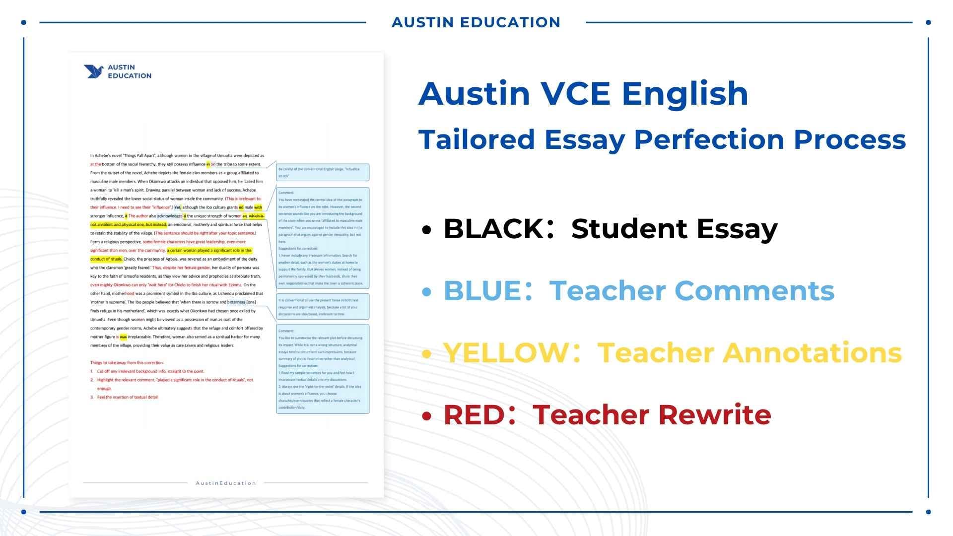 Sample of detailed VCE English essay feedback provided to Austin students