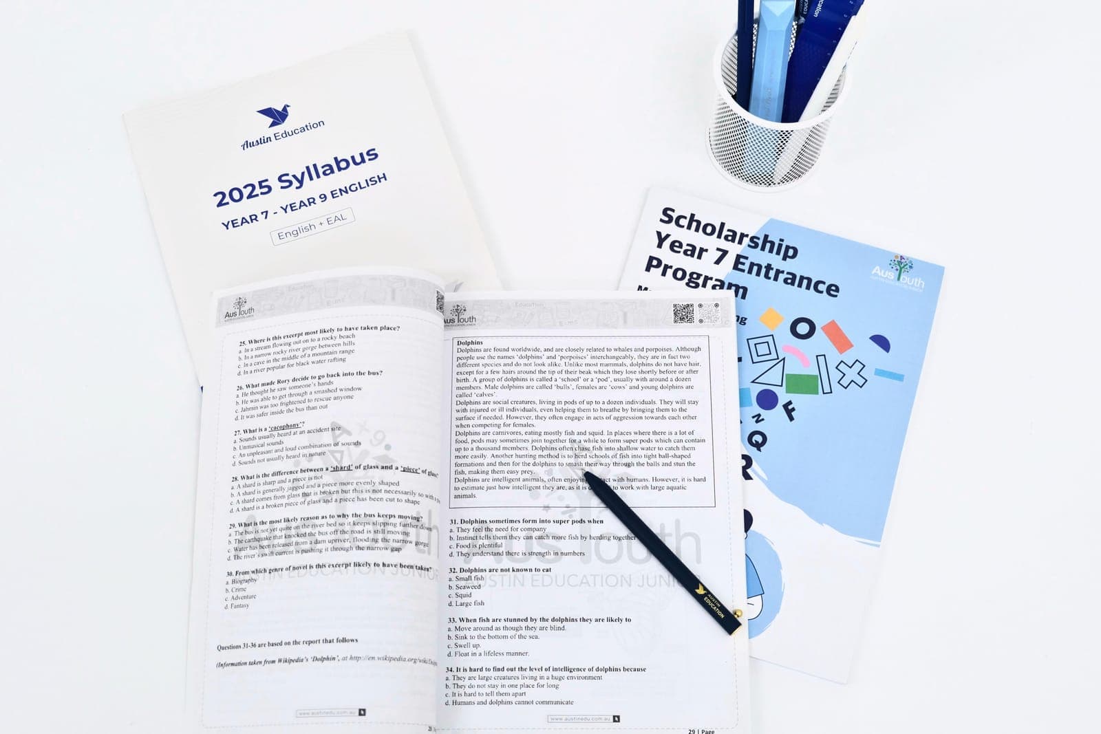 Austin Education 2025 Year 7–9 English syllabus and Scholarship Year 7 Entrance booklet — junior secondary tutoring resources