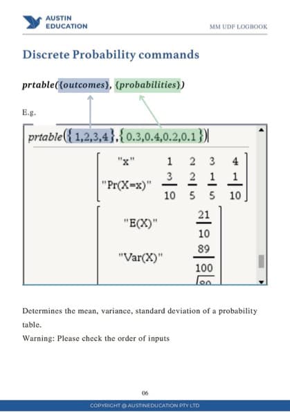 Year 12 Mathematical Methods UDF Logbook — discrete probability commands