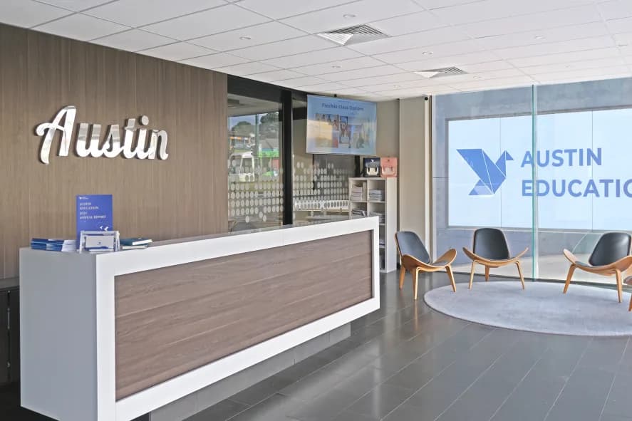 Austin Education campus reception desk and waiting area
