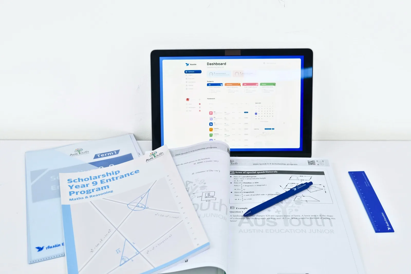 Austin Education Year 7–9 scholarship workbooks beside the Austin homework system dashboard